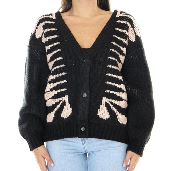 Obey Sweaters - Obey Ama Skeleton Graphic Black and Cream Cardigan Sweater XS